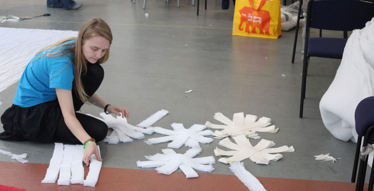 Beckie making props for our production of Snow Mouse