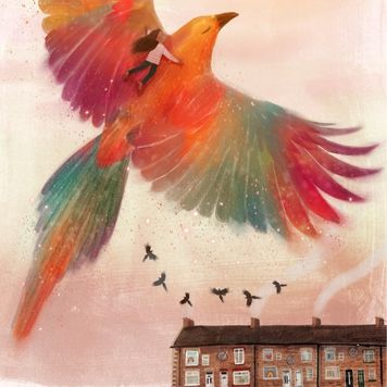When The Birds Sang - a co-production from Theatre Hullabaloo and Travelling Light. An illustration of a little girl flying on a colourful feathered bird in the sky. Illustration by Gillian Gamble.