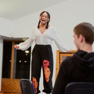 A member of 14-19's youth theatre group performing during a session in 2022.