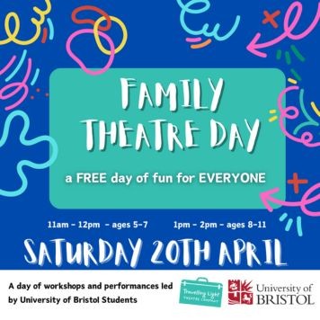 Family Theatre Day - white text on a turquoise background reads 'Family Theatre Day - a FREE day of fun for everyone.