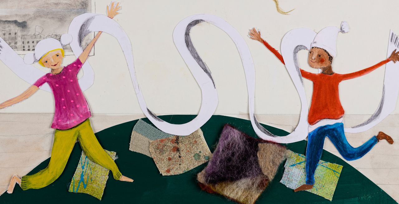 Igloo - A photo from our Igloo Story book - illustration by Edwina Bridgeman. Two siblings playing with a white ribbon and their arms outstretched.