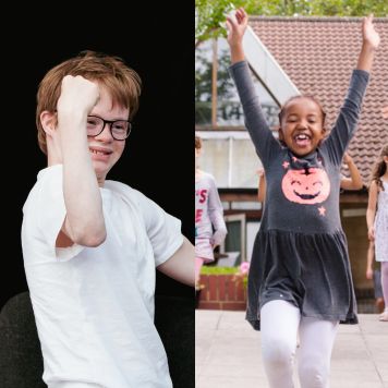 A member of Louder Than Words on the left wearing a white t-shirt and arm raised in celebration. On the right a child runs with arms raised in celebration.