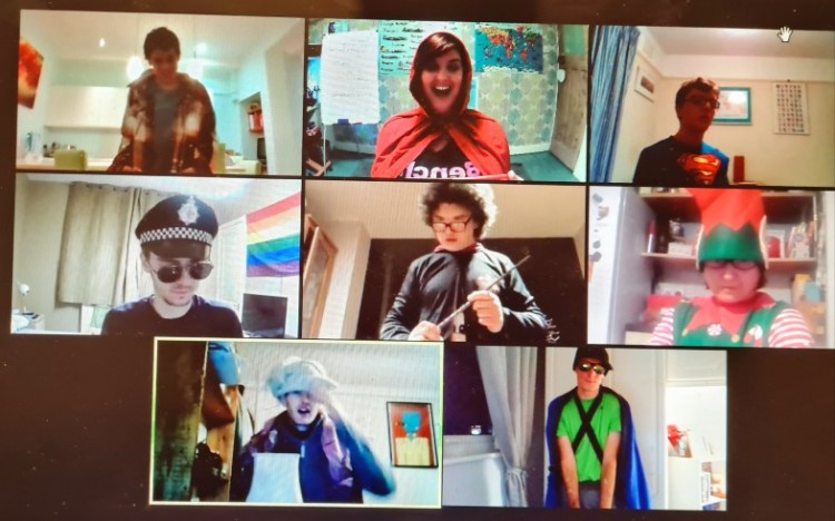 Angie leads an online panto session with ActionSpeak members.
